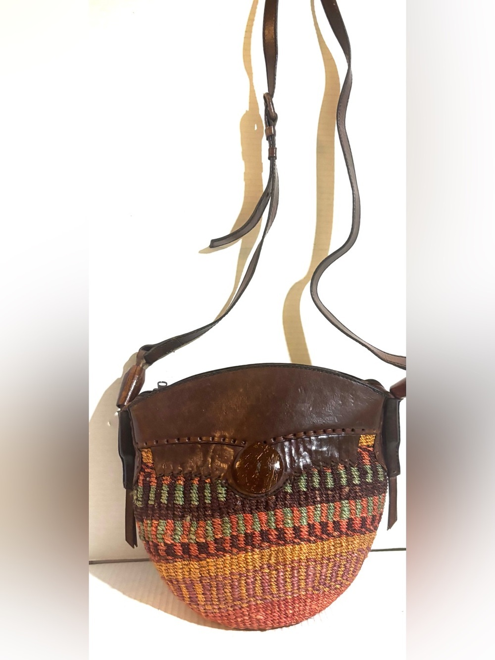 Handwoven Brown Leather-Trim Crossbody Bag